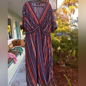 BloomChic Vibrant Striped V-Neck Midi Dress